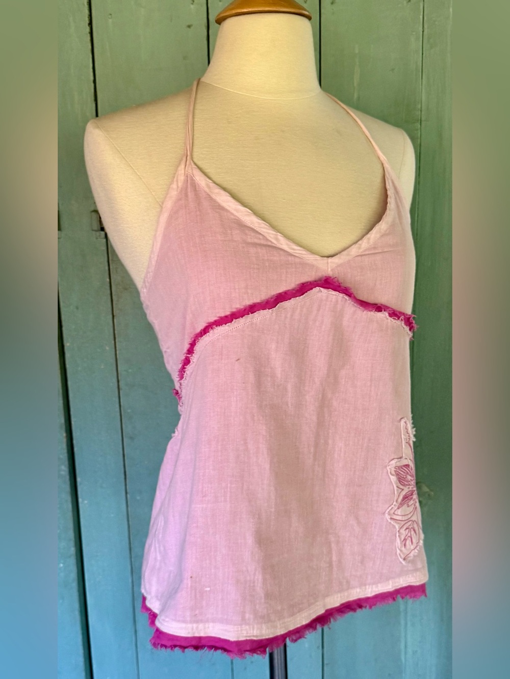 SOLD!! O'Neill Tank Top L Pink Embroidery Patches Floral Boho Halter Beachy L - Picture 3 of 12